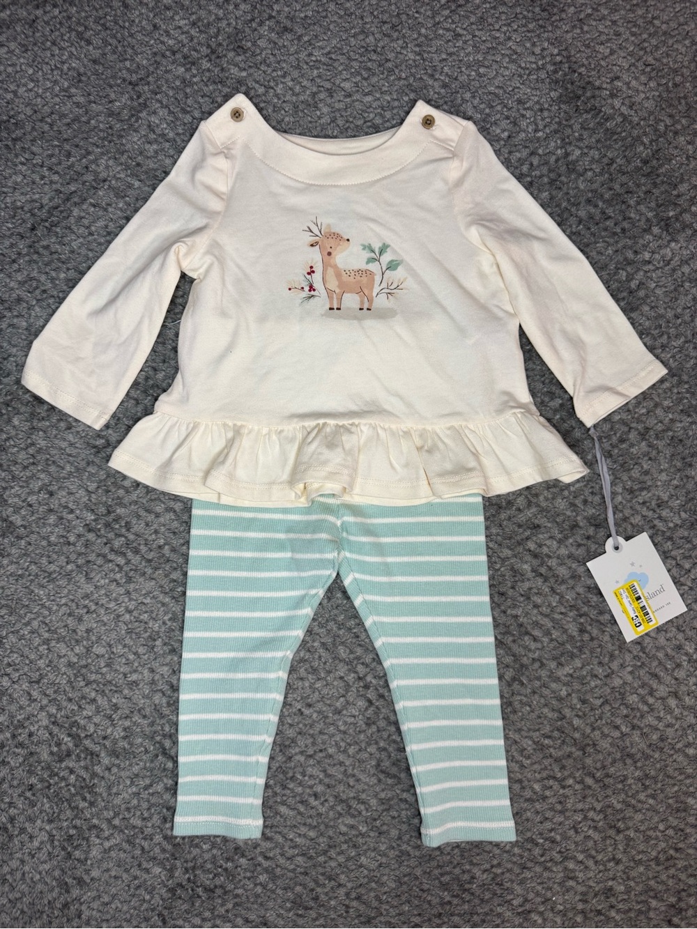 Cloud Island Baby Girls 2pc Deer Top and Striped Bottoms - Off White 6-9 Months